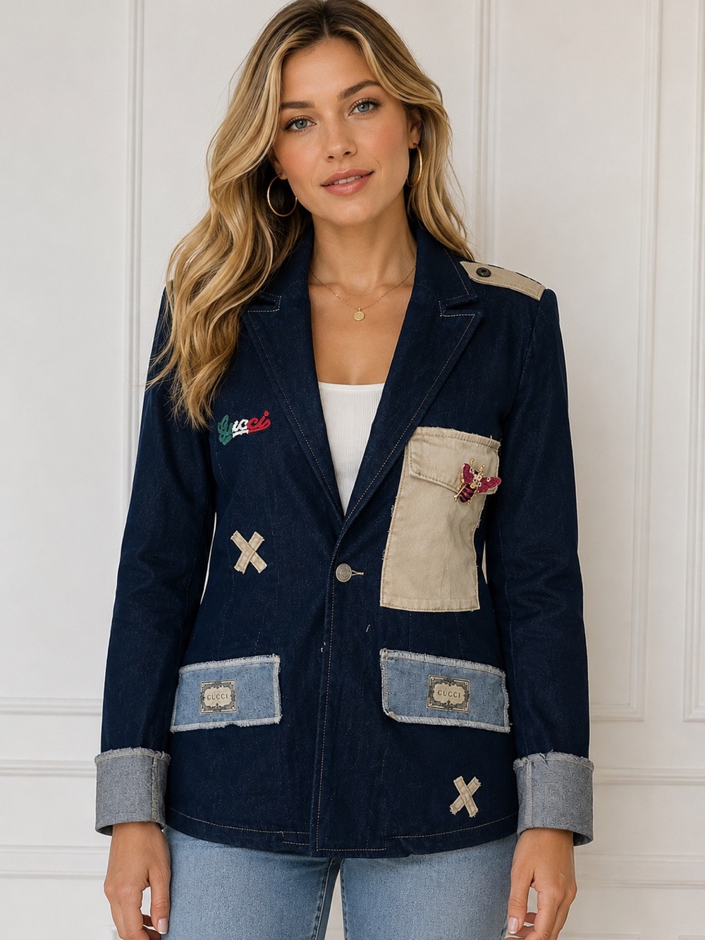 Designer inspired Denim Patchwork Blazer Jacket - Navy Blue size L